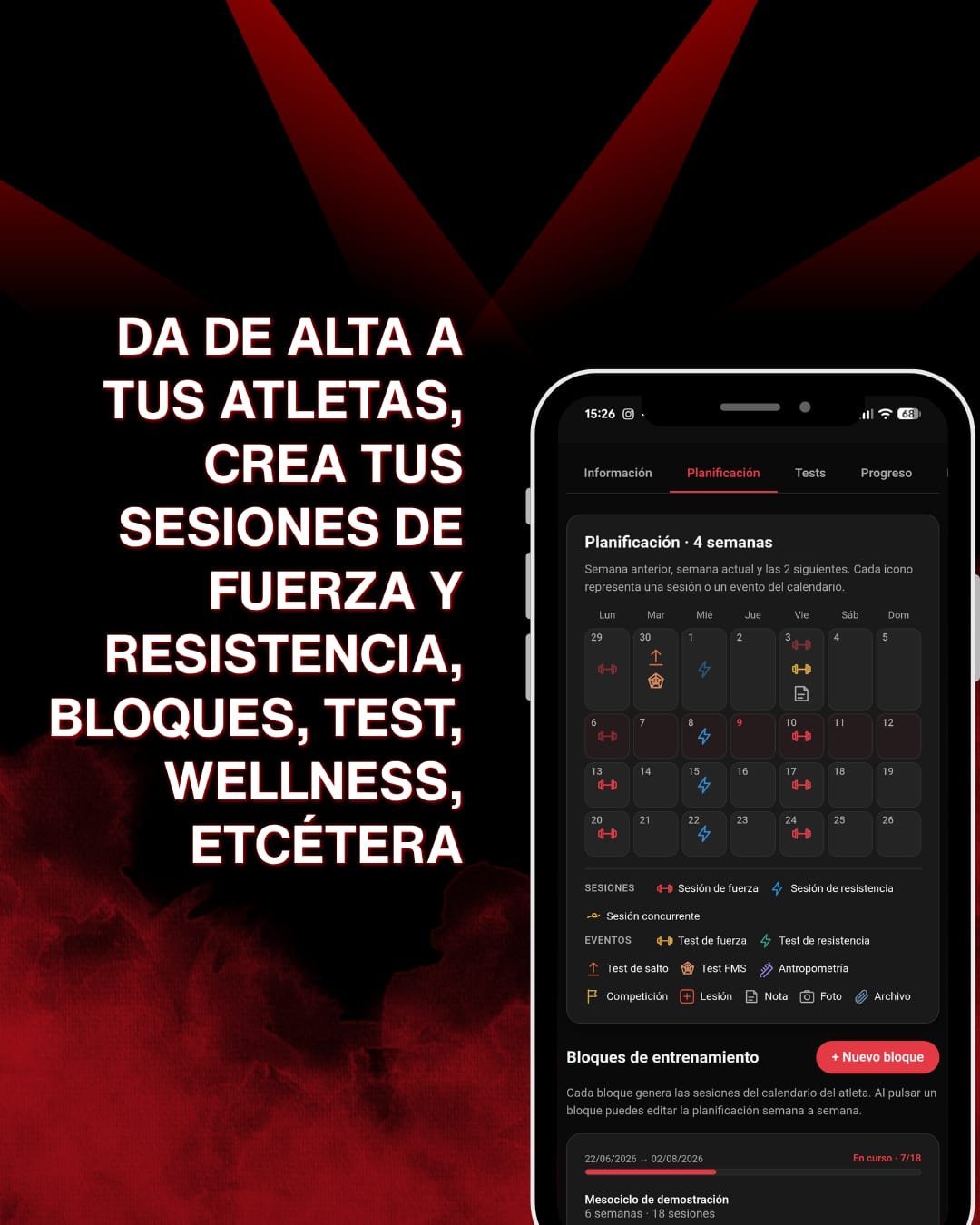 Alta de atletas, sesiones, bloques, test y wellness